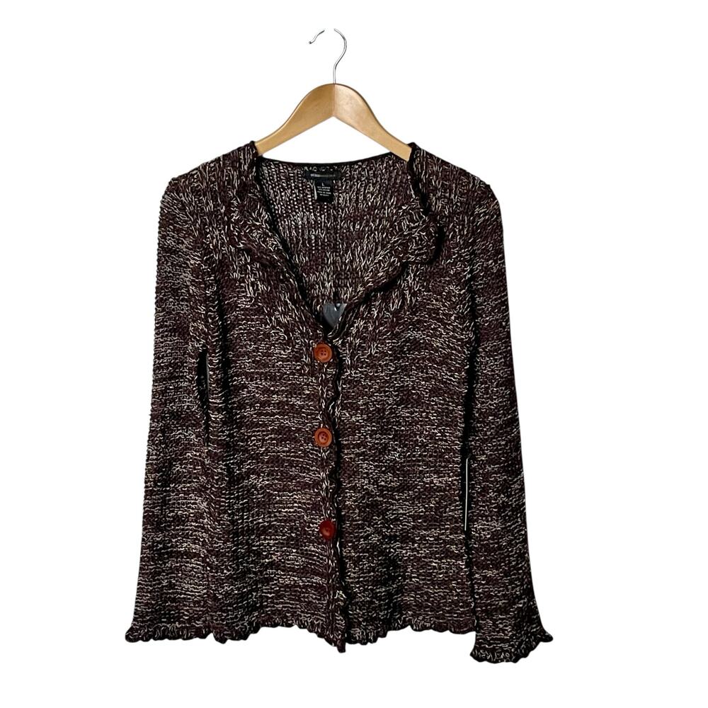 BCBG Maxazria Open Knit Cardigan Sweater L Brown Ruffle Edges Cottagecore Boho